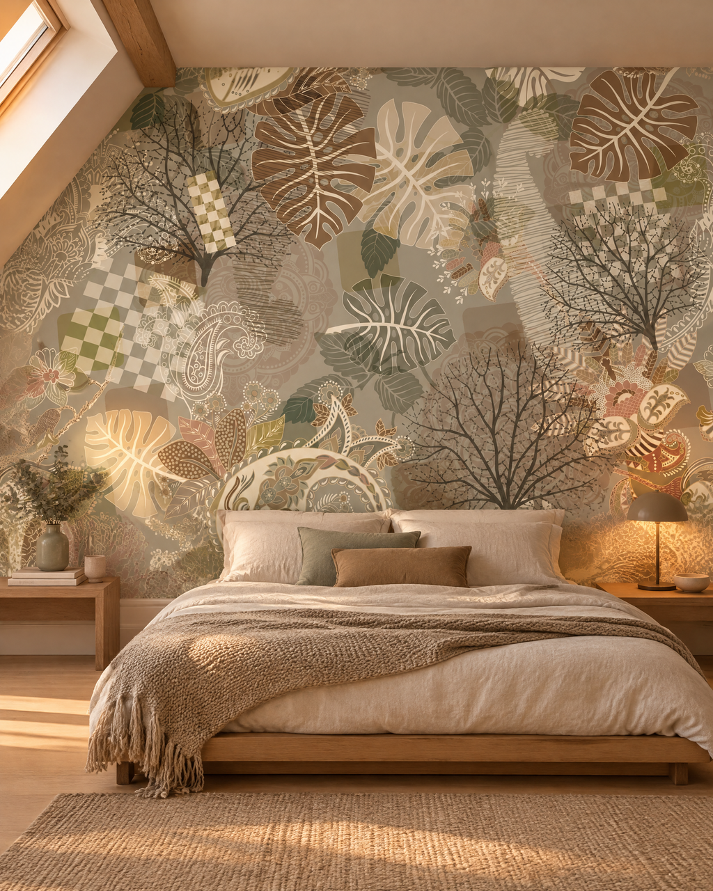 Cachemire tropical, papier peint panoramique dans une chambre : visuel d'ambiance illustratif