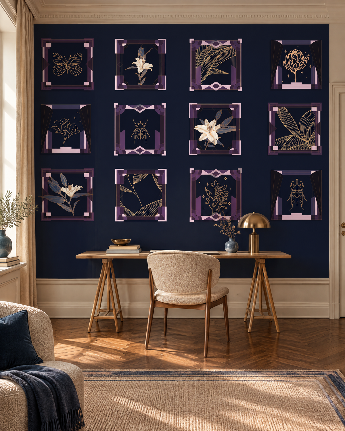 Cadres violets et or, papier peint panoramique dans un bureau : visuel d'ambiance illustratif