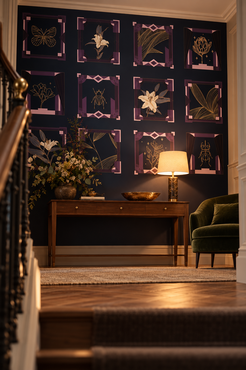 Cadres violets et or, papier peint panoramique dans un palier : visuel d'ambiance illustratif