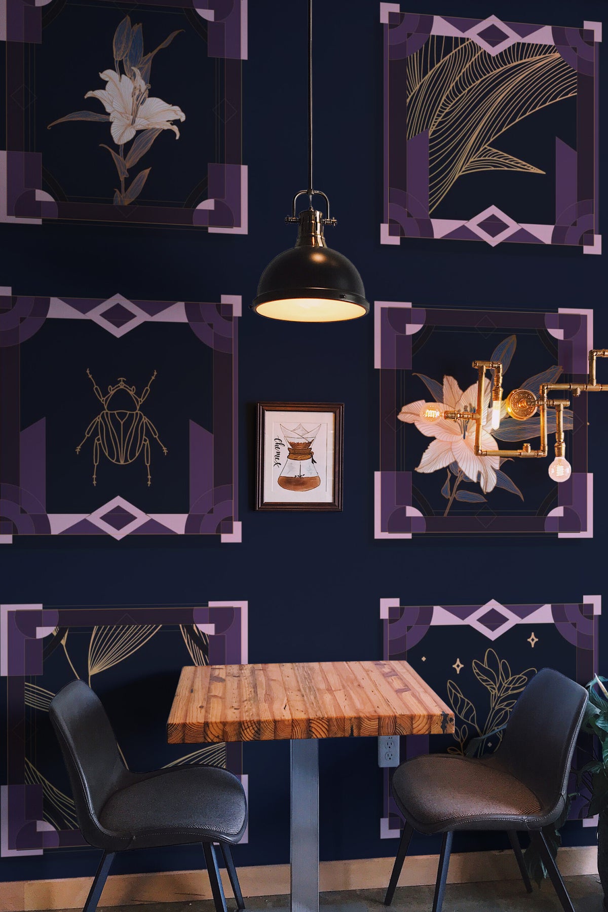 Cadres violets et or · papier peint panoramique art déco