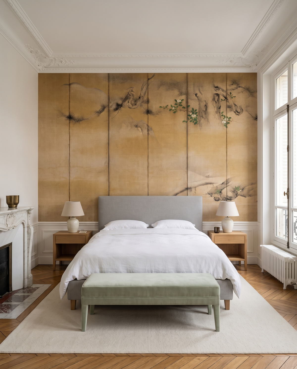 Camélias et volubilis, papier peint panoramique dans une chambre : visuel d'ambiance illustratif