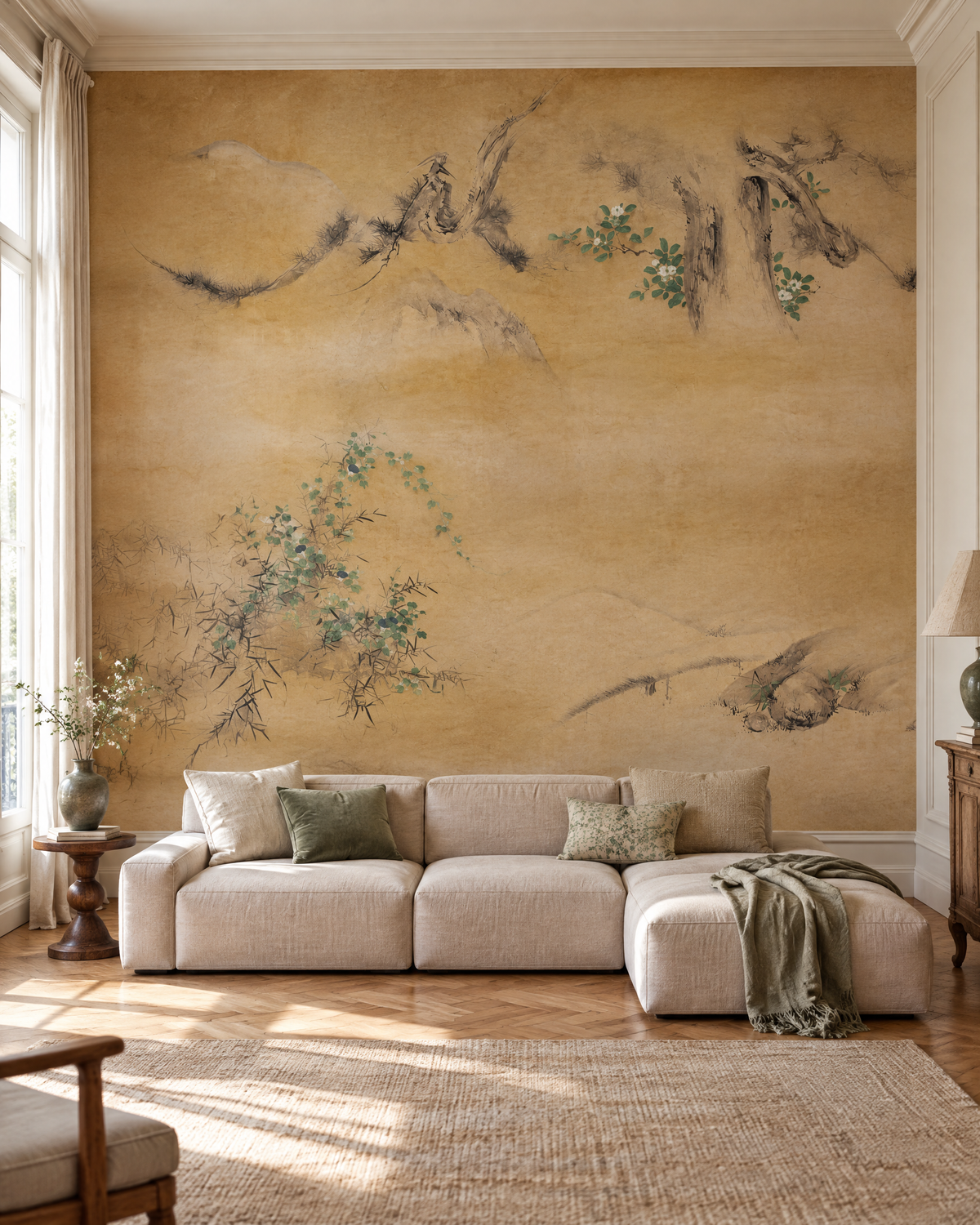 Camélias et volubilis, papier peint panoramique dans un salon : visuel d'ambiance illustratif