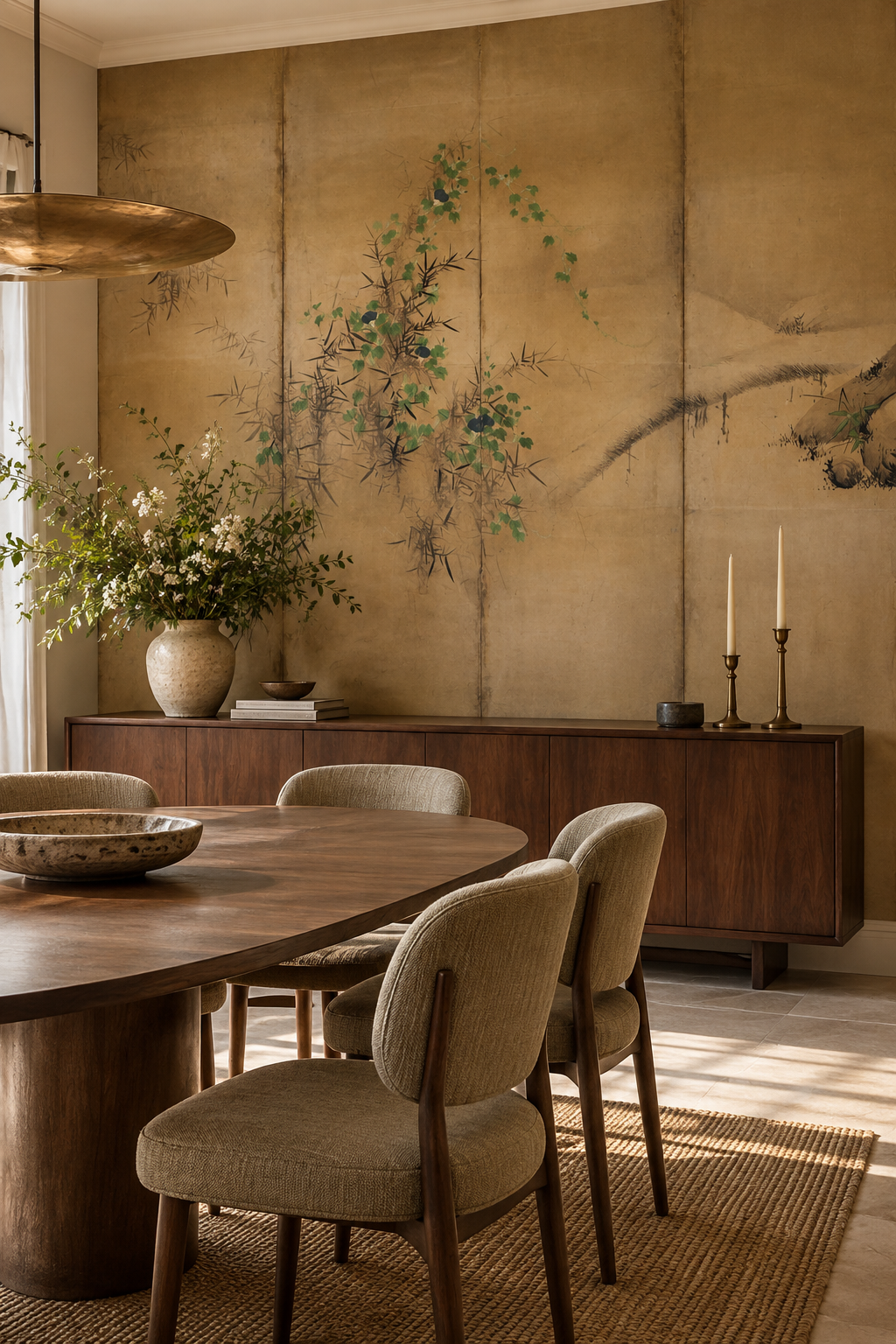 Camélias et volubilis, papier peint panoramique dans une salle à manger : visuel d'ambiance illustratif