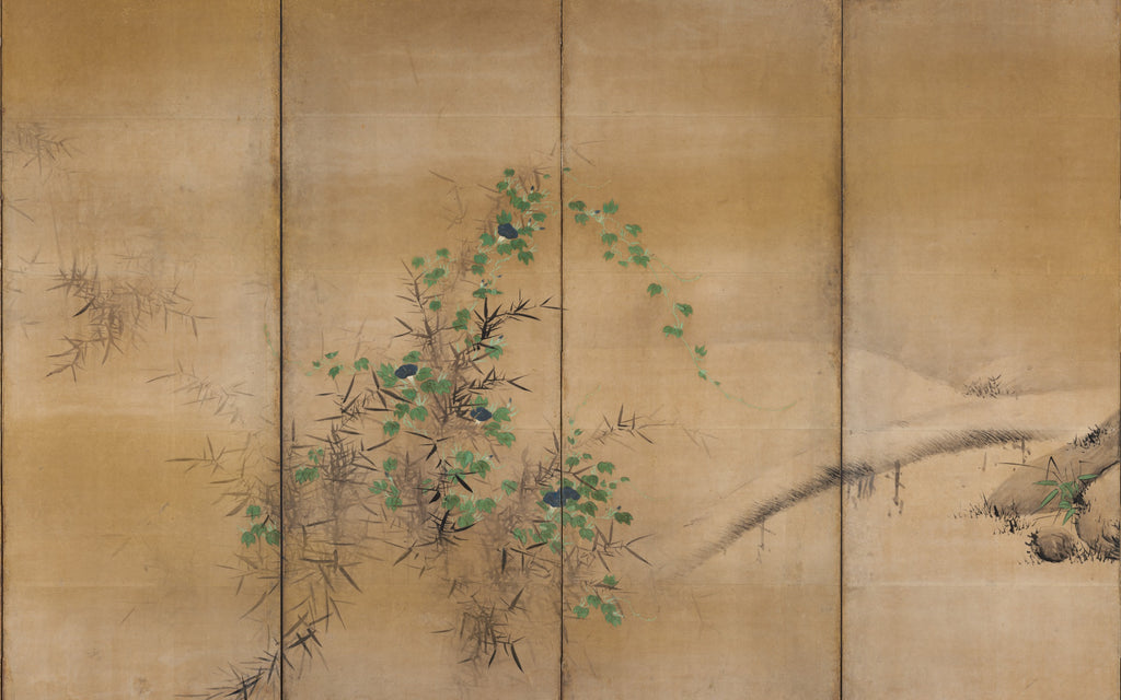 Papier peint panoramique Camélias et volubilis : le décor à plat, d'après Kaihō Yūshō