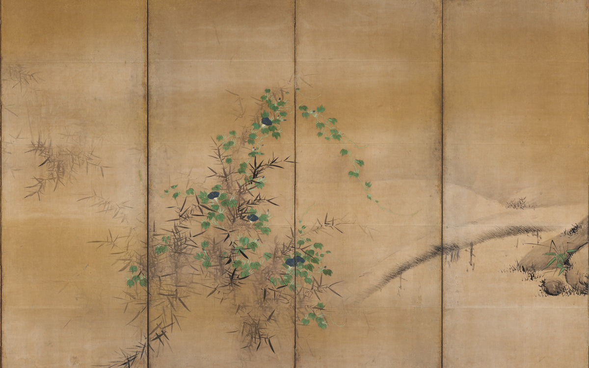 Papier peint panoramique Camélias et volubilis : le décor à plat, d'après Kaihō Yūshō