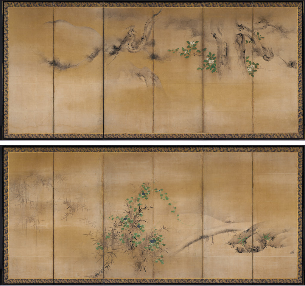 Papier peint panoramique Camélias et volubilis d'après Kaihō Yūshō