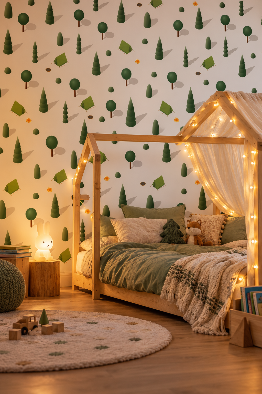 Campement en forêt, papier peint panoramique dans une chambre d'enfant : visuel d'ambiance illustratif