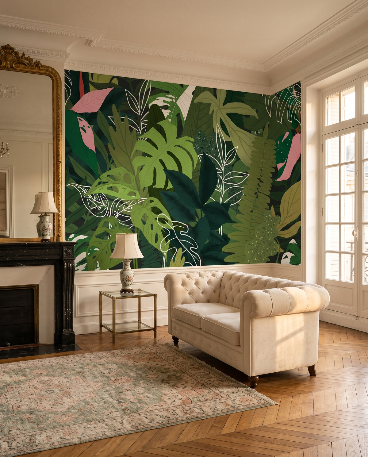 Canopée d'émeraude, papier peint panoramique dans un salon : visuel d'ambiance illustratif
