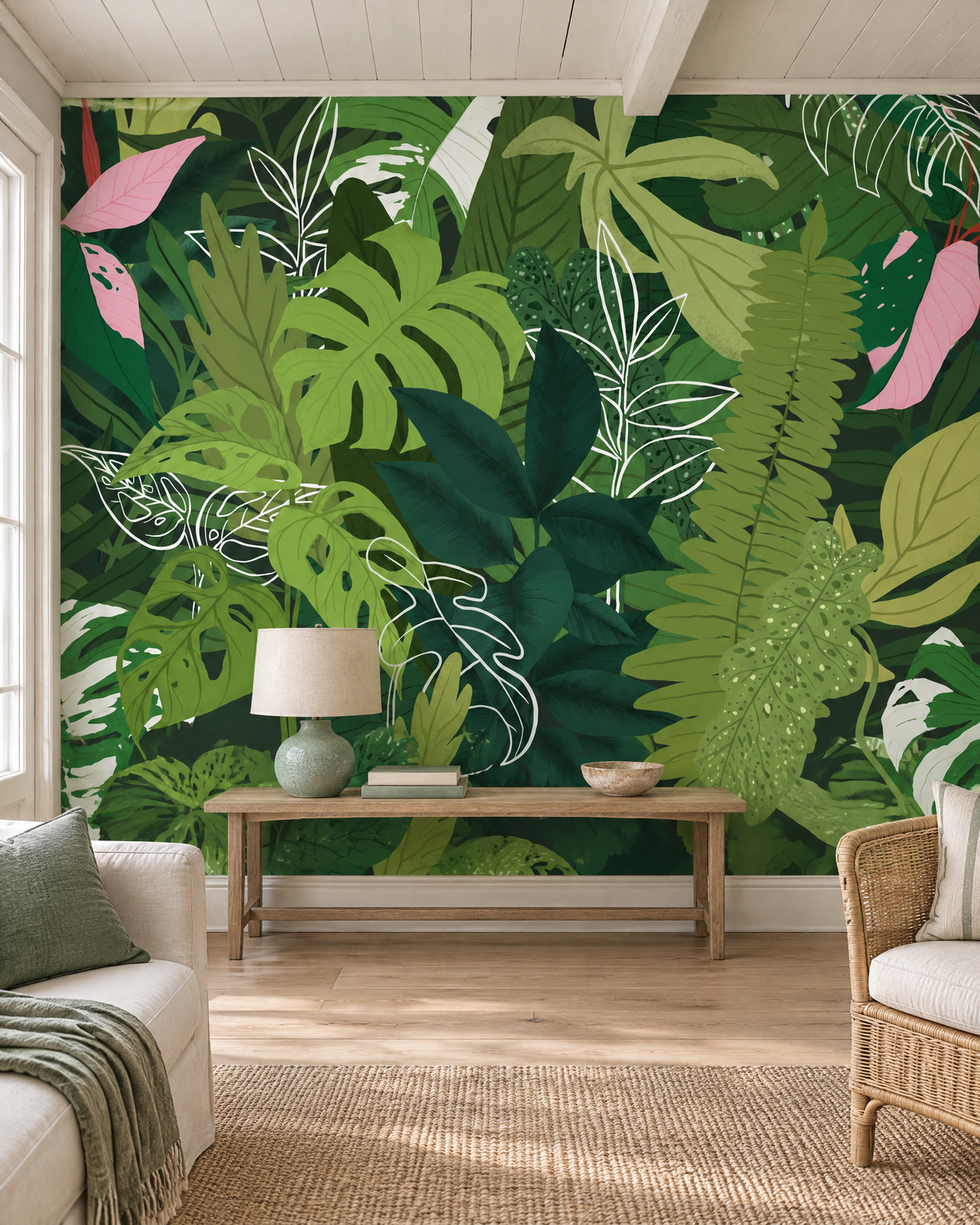 Canopée d'émeraude, papier peint panoramique dans un salon : visuel d'ambiance illustratif