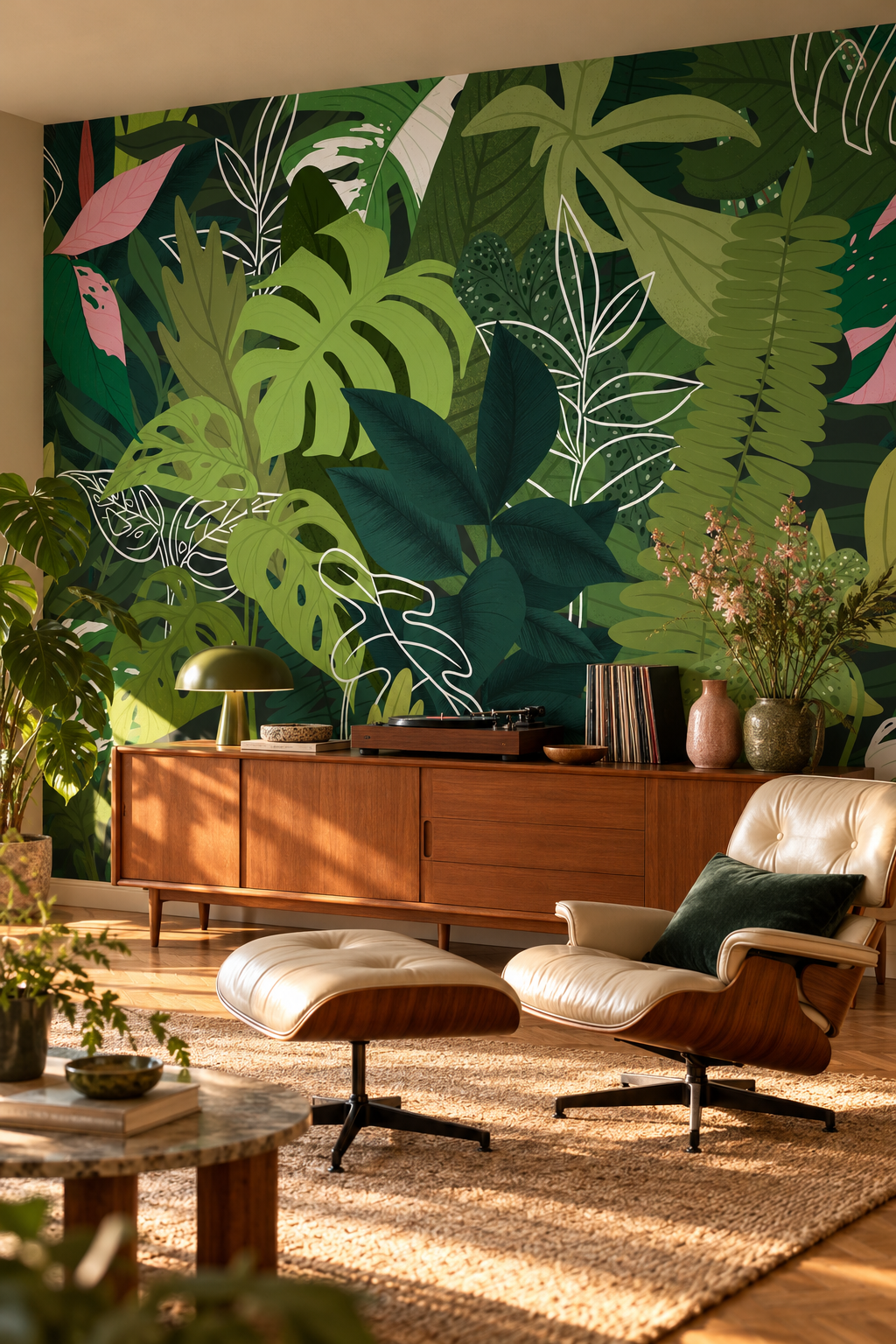 Canopée d'émeraude, papier peint panoramique dans un salon : visuel d'ambiance illustratif