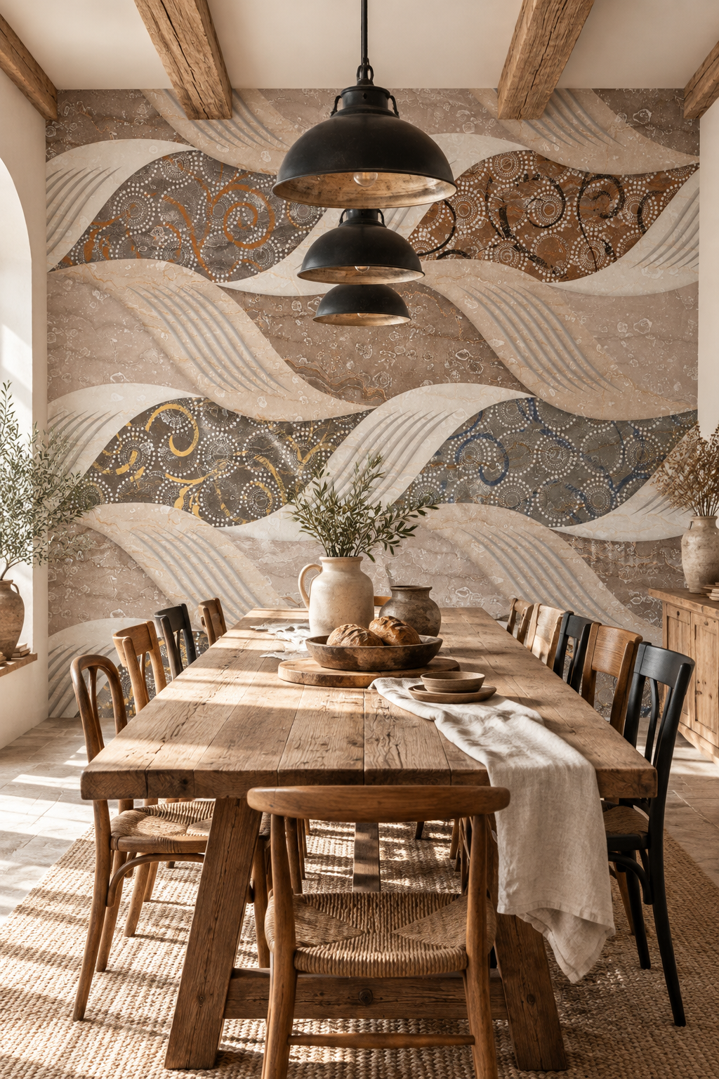Carreaux ondulés, papier peint panoramique dans une salle à manger : visuel d'ambiance illustratif