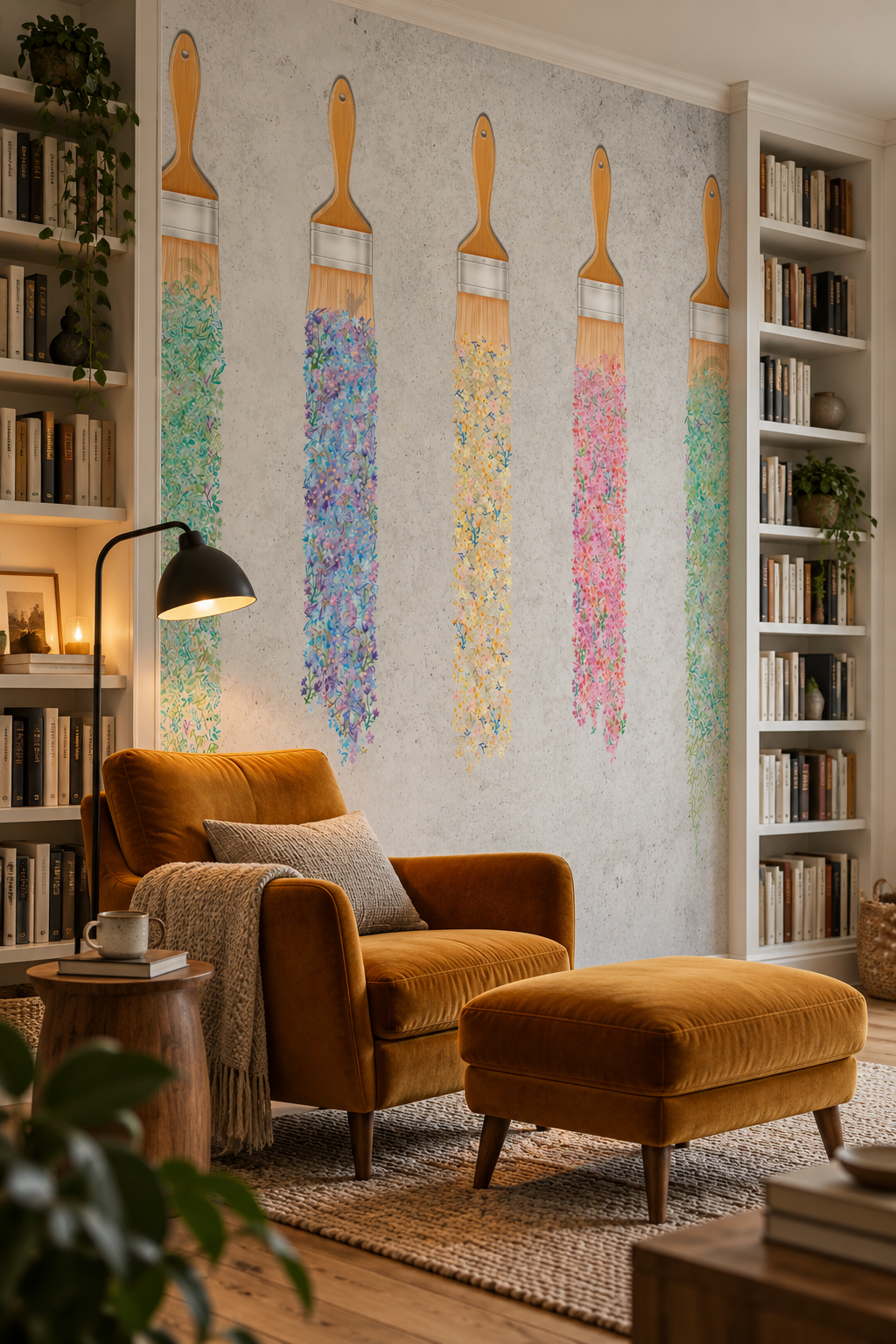 Cascade de pinceaux, papier peint panoramique dans un salon : visuel d'ambiance illustratif