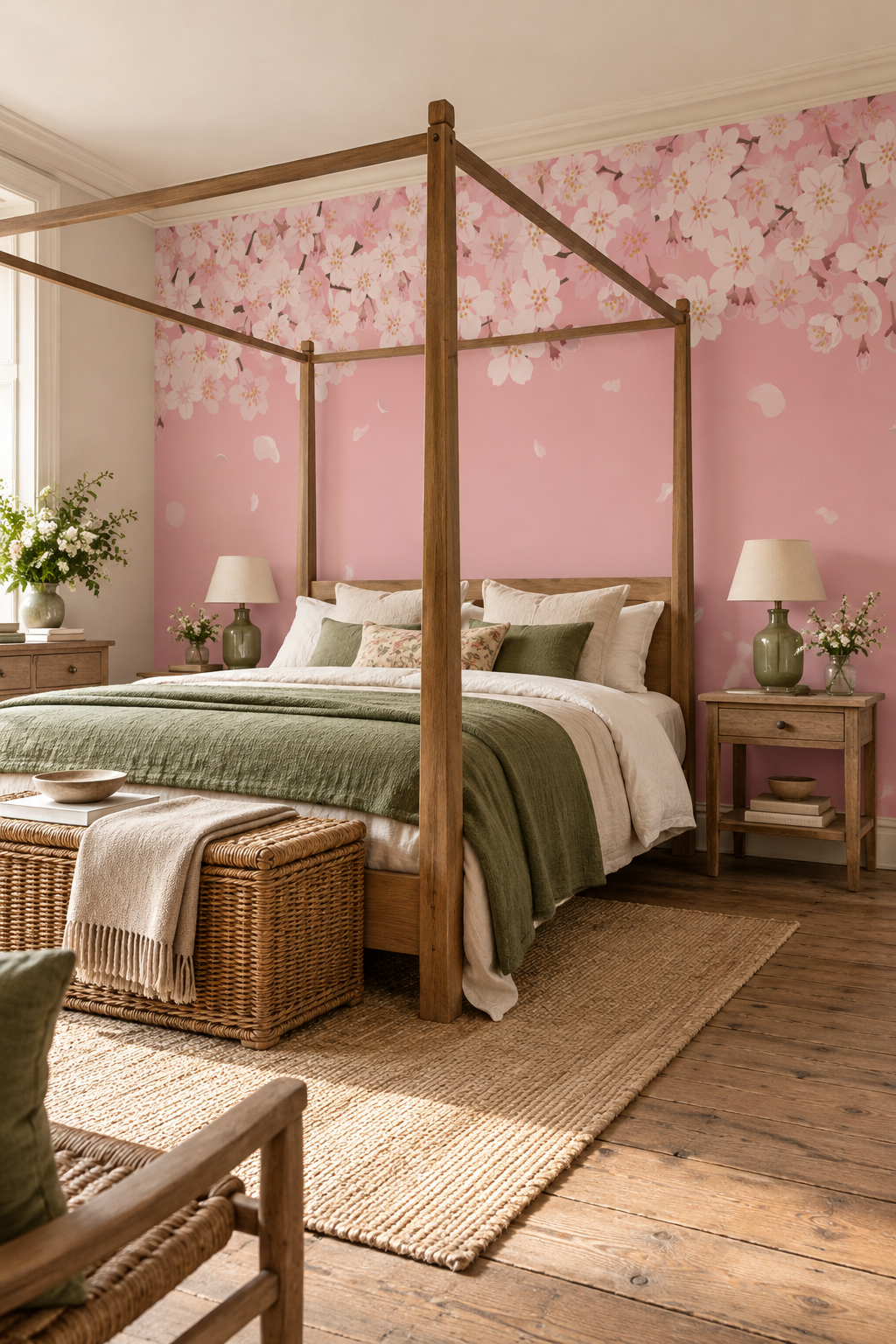 Cerisiers en fleurs, papier peint panoramique dans une chambre : visuel d'ambiance illustratif