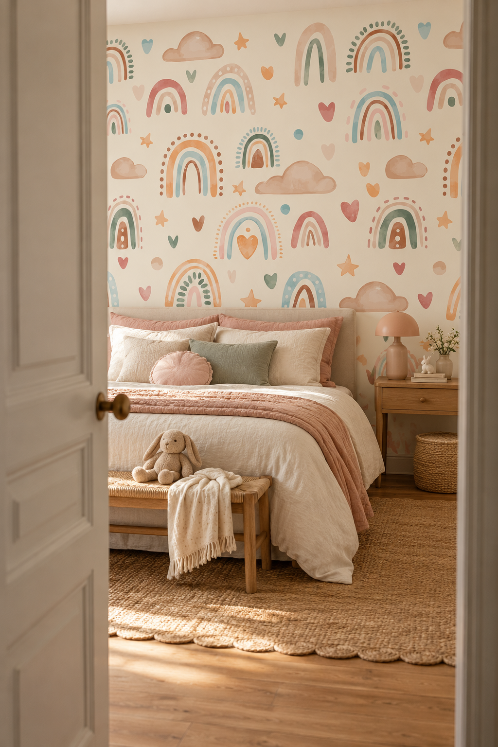 Arcs de lavis, papier peint panoramique dans une chambre : visuel d'ambiance illustratif