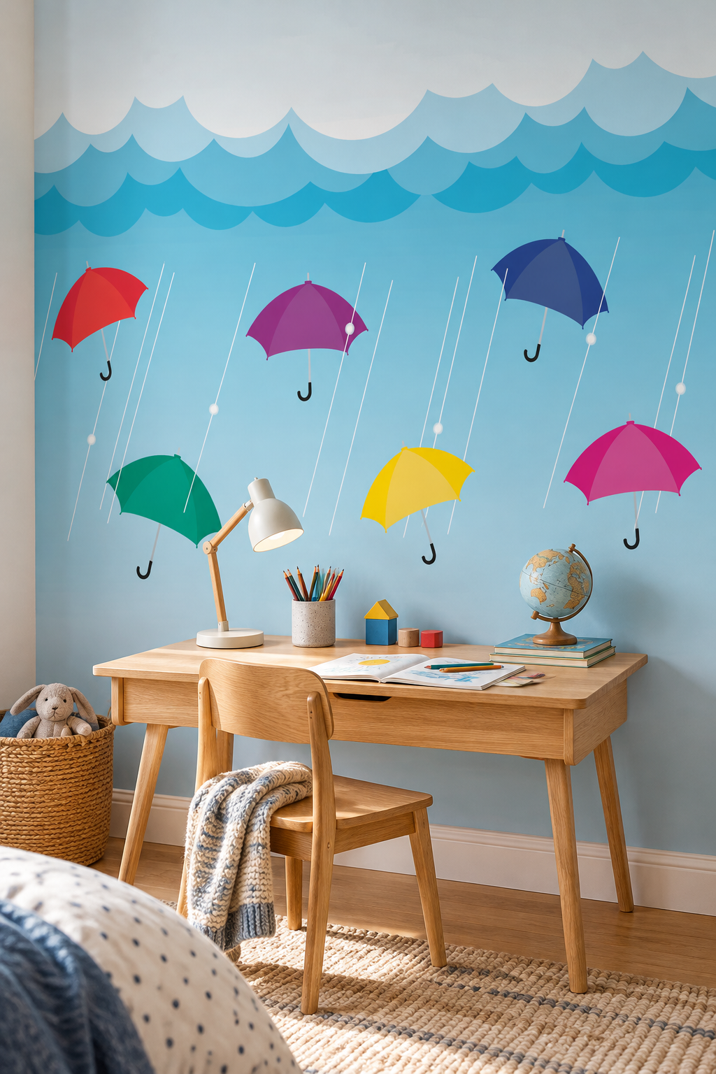 Averse et parapluies, papier peint panoramique dans une chambre d'enfant : visuel d'ambiance illustratif