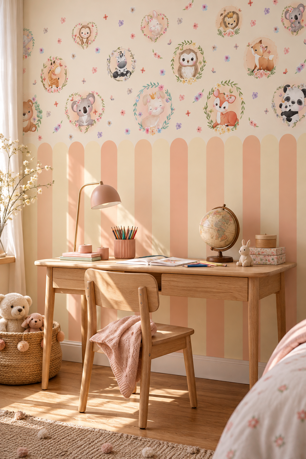 Bestiaire pêche, papier peint panoramique dans une chambre d'enfant : visuel d'ambiance illustratif