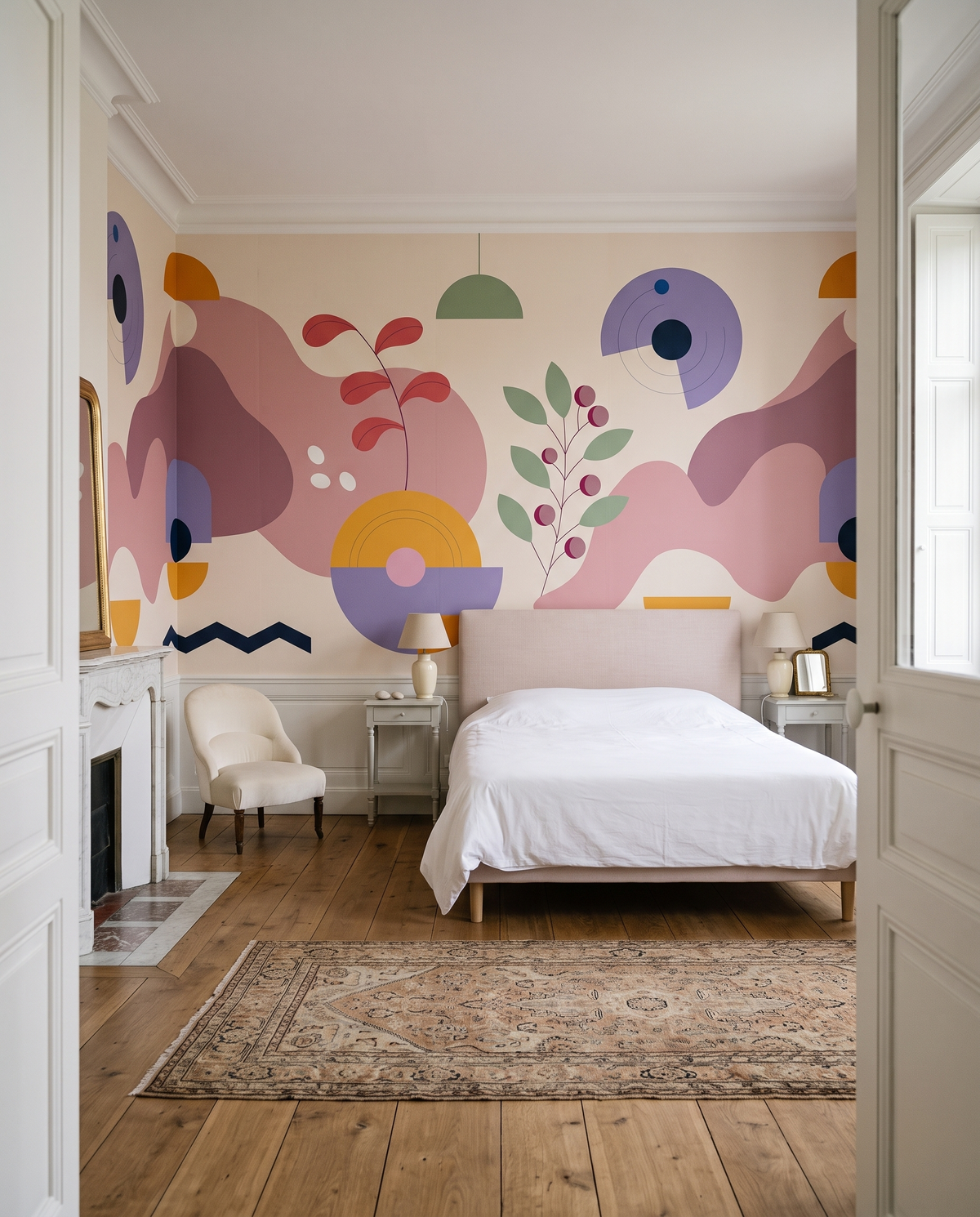Brindilles pêche, papier peint panoramique dans une chambre : visuel d'ambiance illustratif