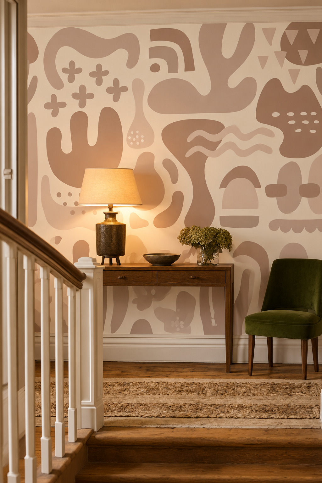 Camaïeu de beiges, papier peint panoramique dans un palier : visuel d'ambiance illustratif