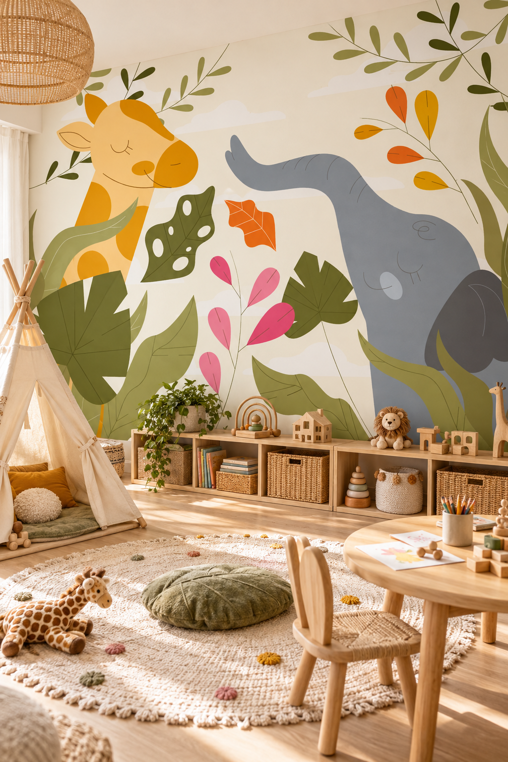 Compagnons de la jungle, papier peint panoramique dans une chambre d'enfant : visuel d'ambiance illustratif
