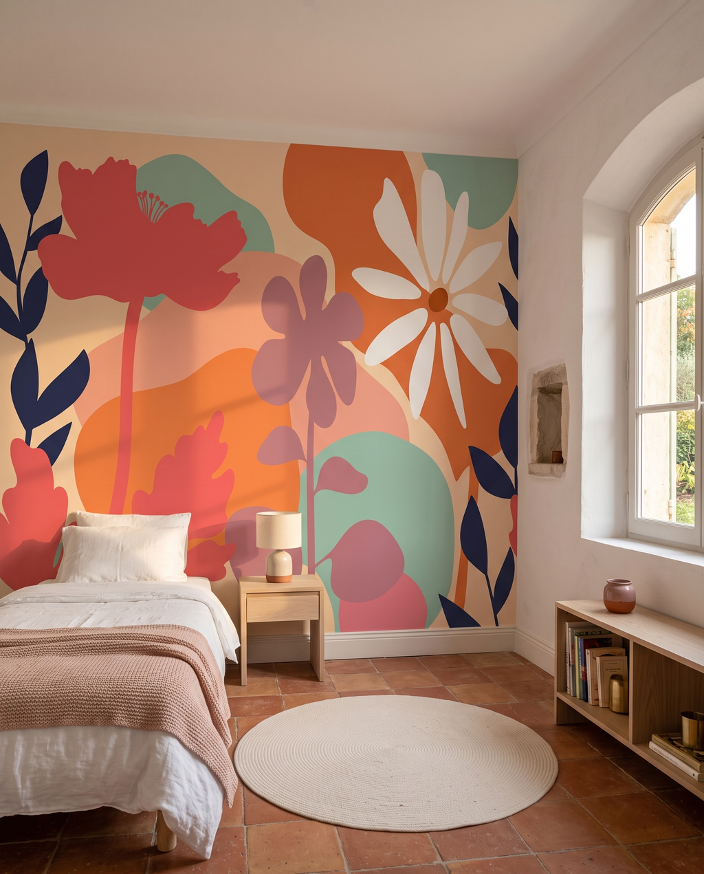 Corolles bohèmes, papier peint panoramique dans une chambre : visuel d'ambiance illustratif