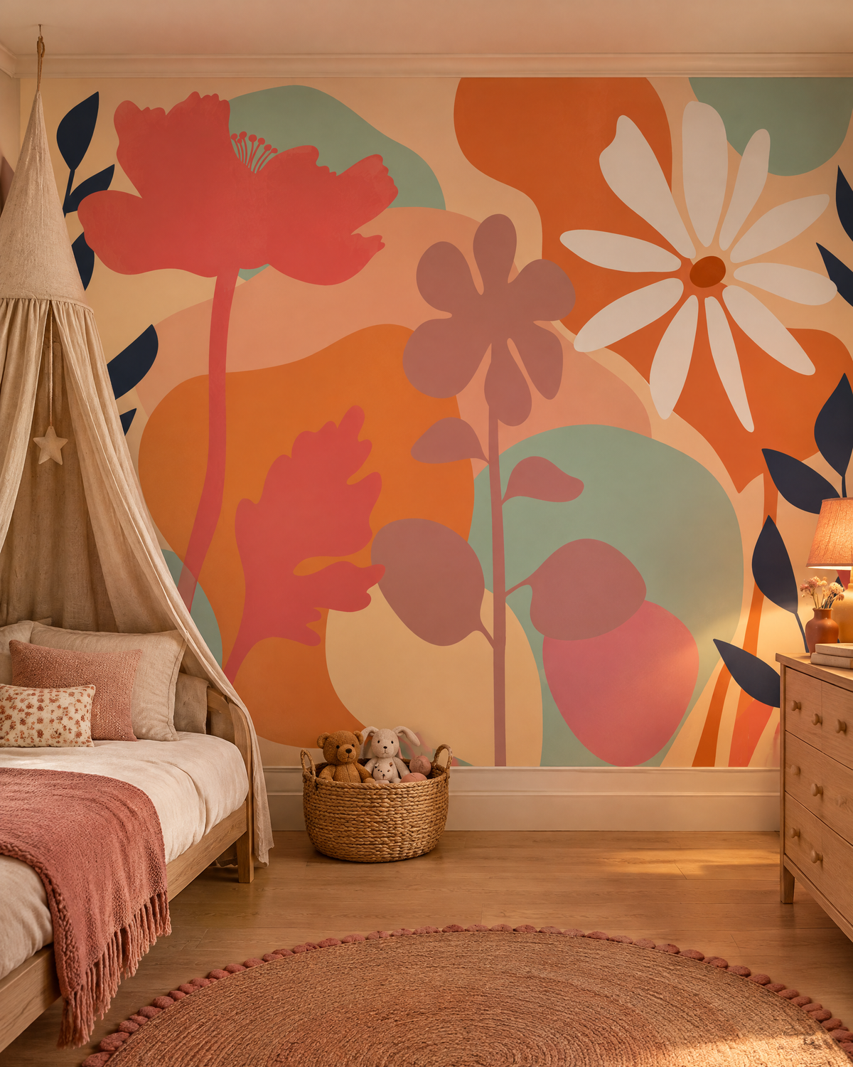 Corolles bohèmes, papier peint panoramique dans une chambre d'enfant : visuel d'ambiance illustratif