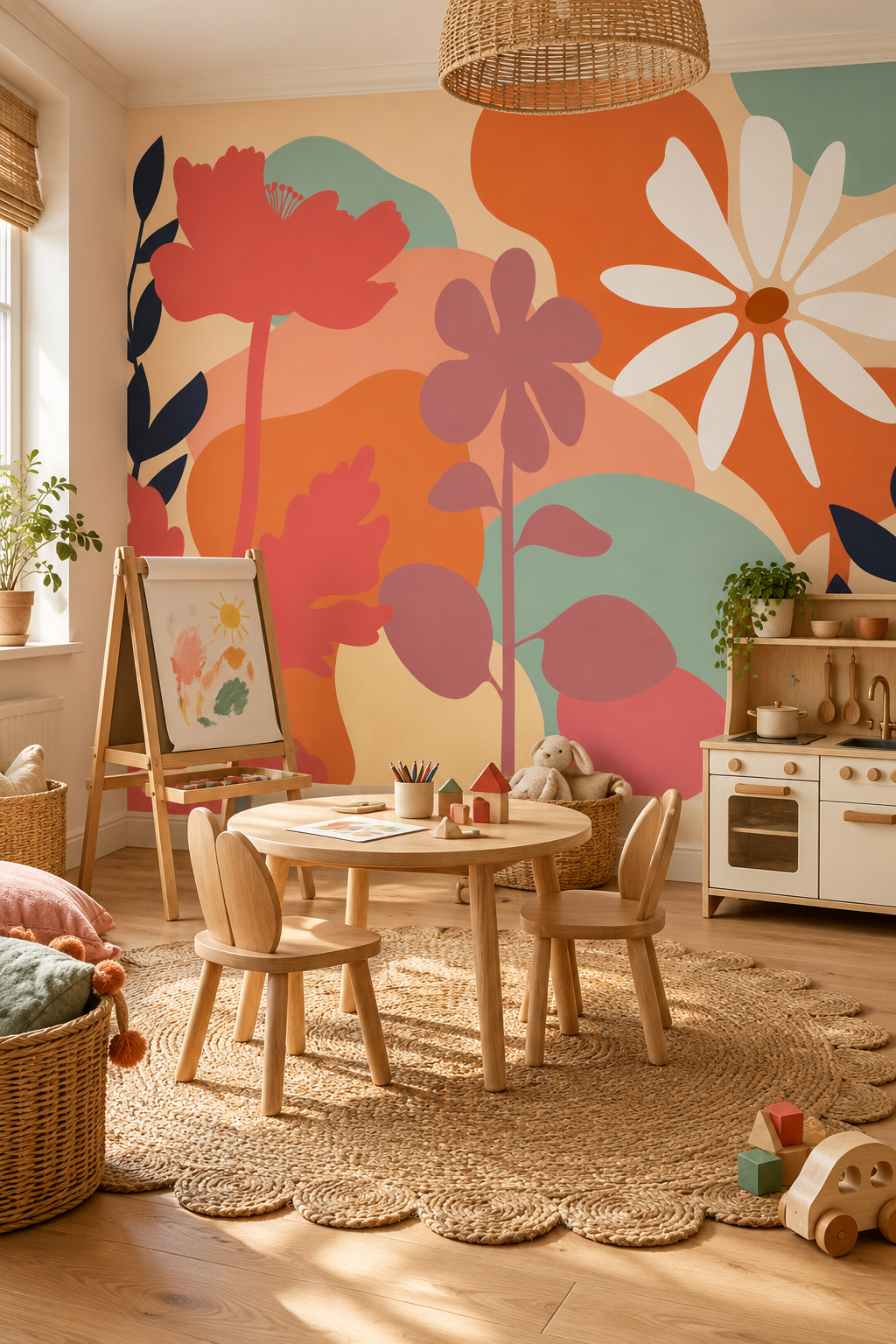 Corolles bohèmes, papier peint panoramique dans une chambre d'enfant : visuel d'ambiance illustratif