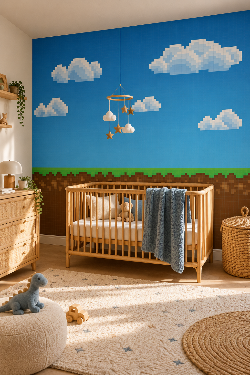 Jeu de pixels, papier peint panoramique dans une chambre d'enfant : visuel d'ambiance illustratif