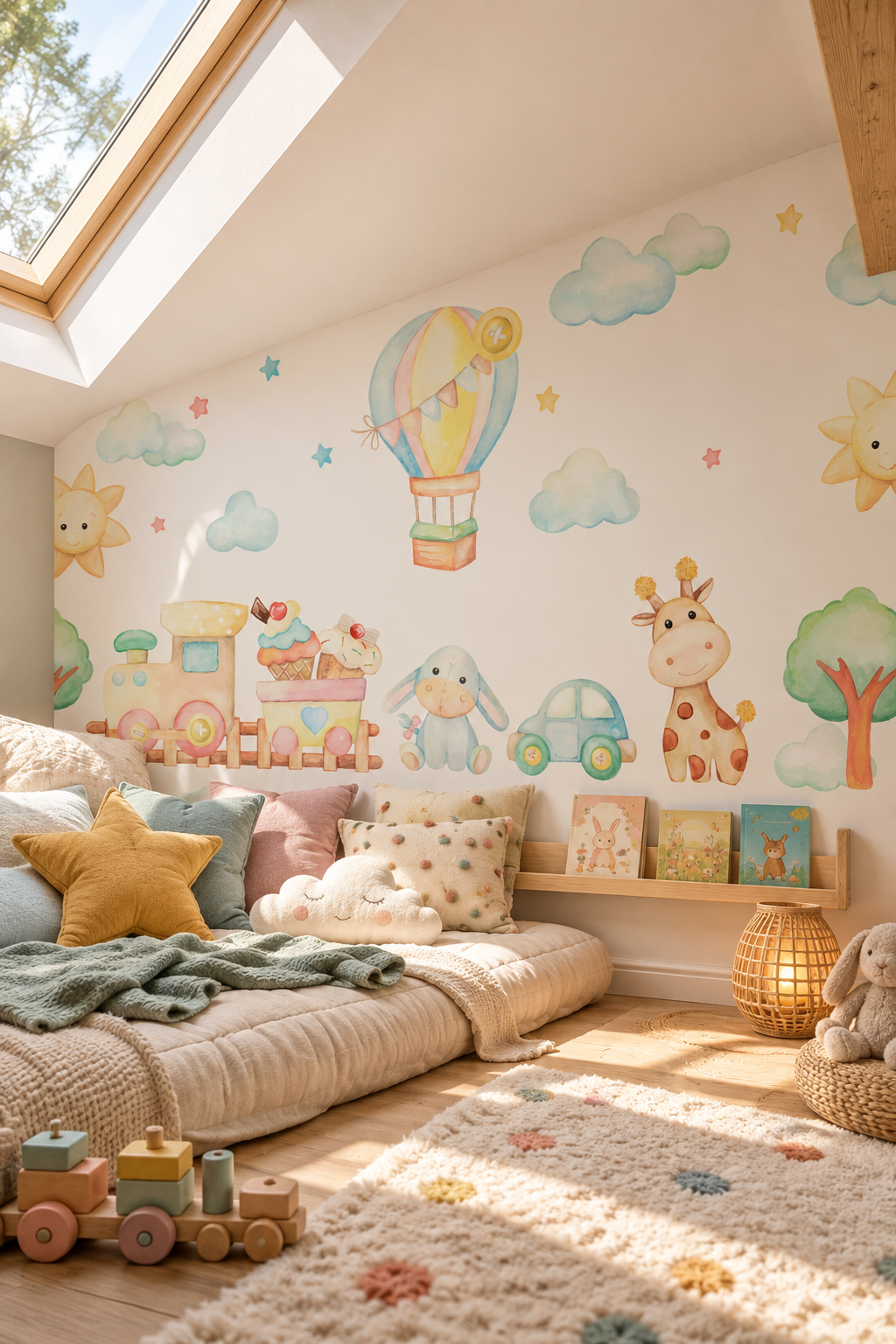 Jouets de lavis, papier peint panoramique dans une chambre d'enfant : visuel d'ambiance illustratif