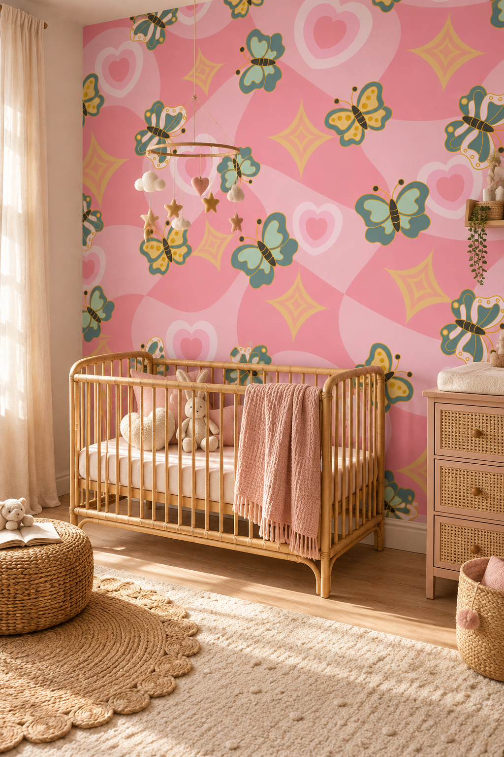 Papillons en cœur, papier peint panoramique dans une chambre d'enfant : visuel d'ambiance illustratif