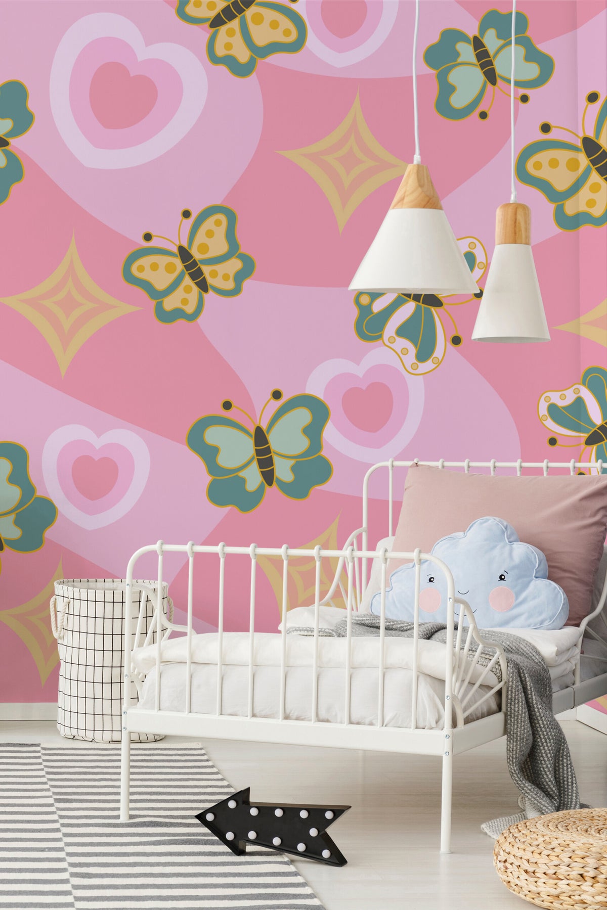 Papillons en cœur · papier peint panoramique chambre enfant
