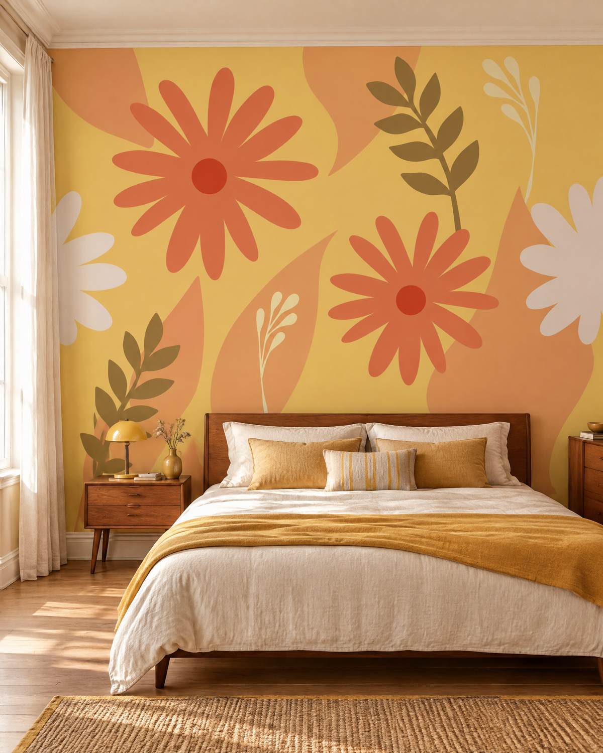 Soleil de marguerites, papier peint panoramique dans une chambre : visuel d'ambiance illustratif