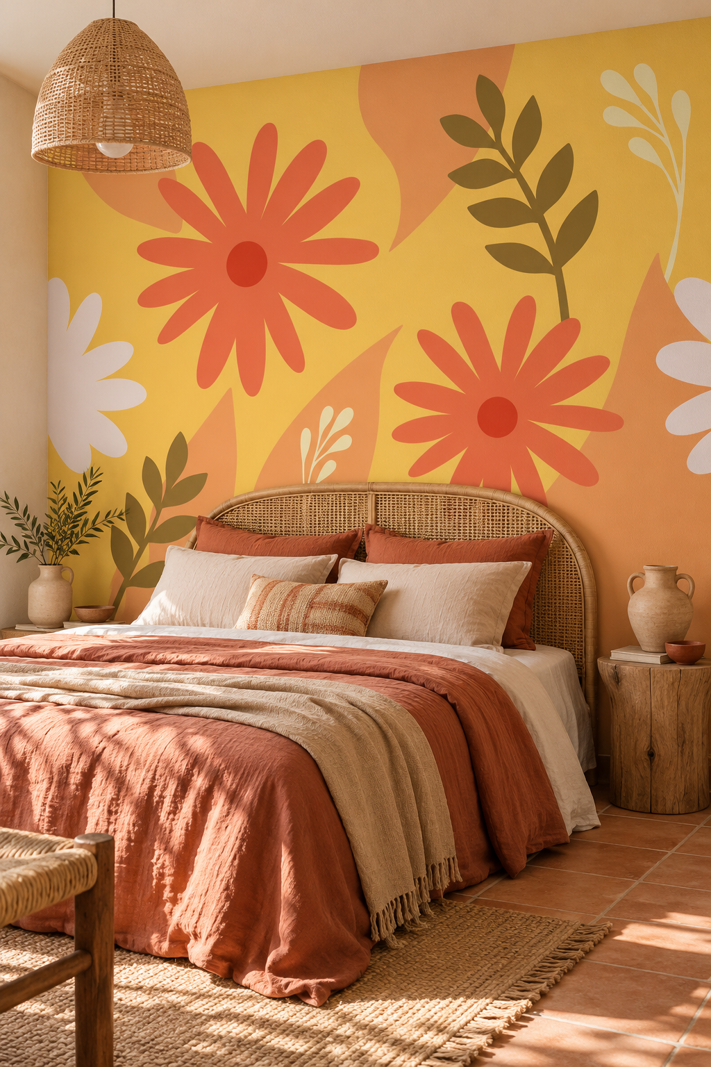 Soleil de marguerites, papier peint panoramique dans une chambre : visuel d'ambiance illustratif