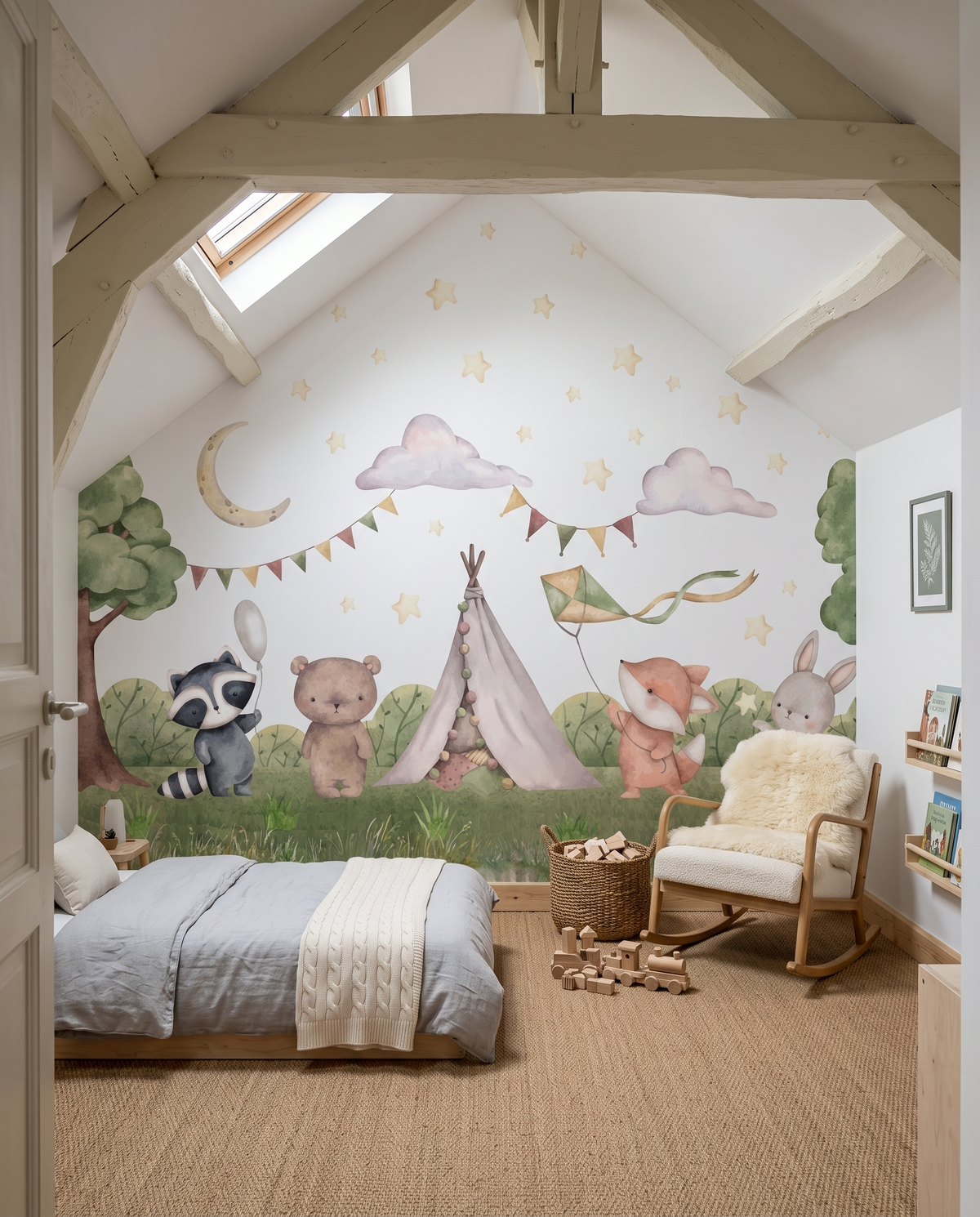 Tipis de la clairière, papier peint panoramique dans une chambre d'enfant : visuel d'ambiance illustratif