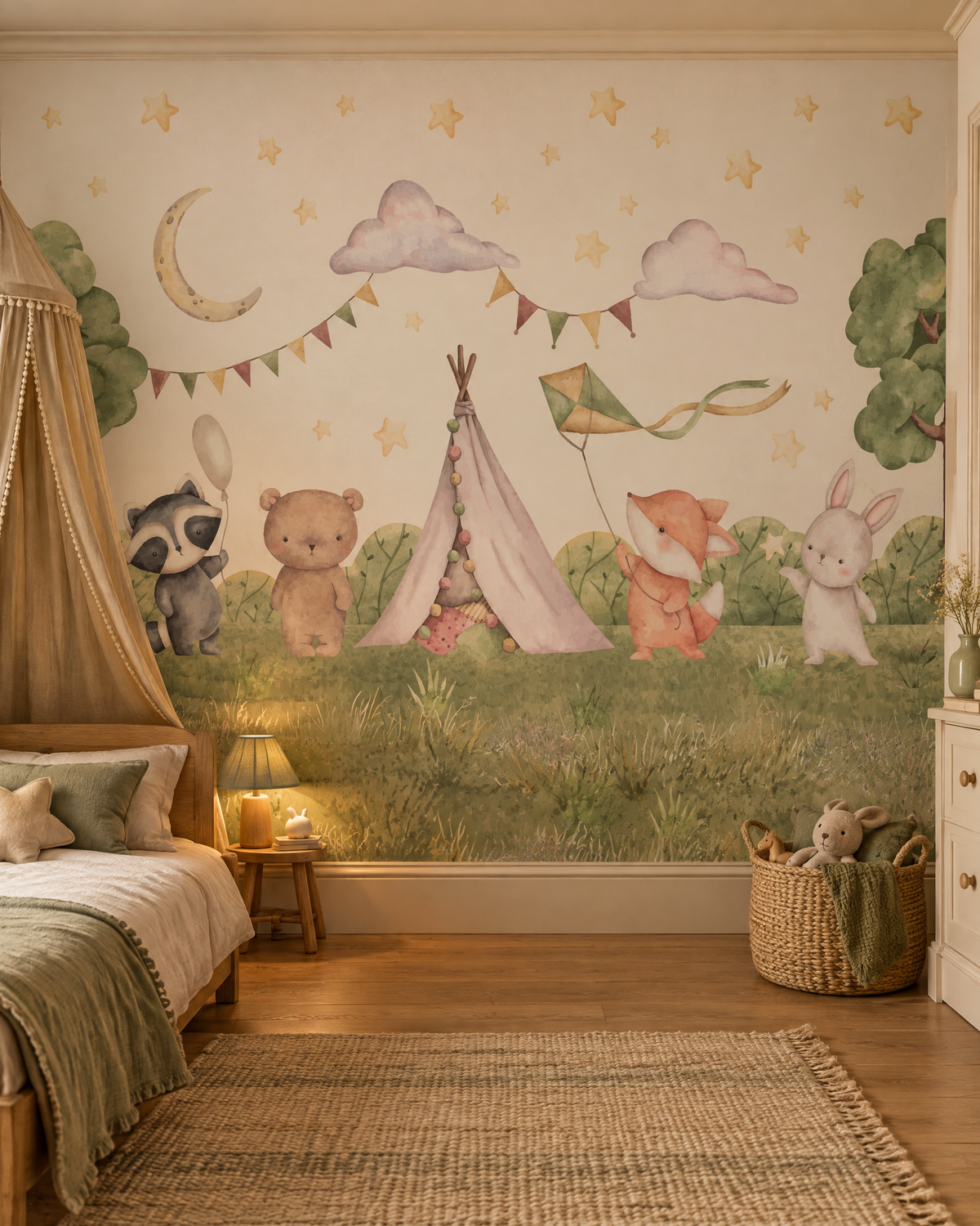 Tipis de la clairière, papier peint panoramique dans une chambre d'enfant : visuel d'ambiance illustratif