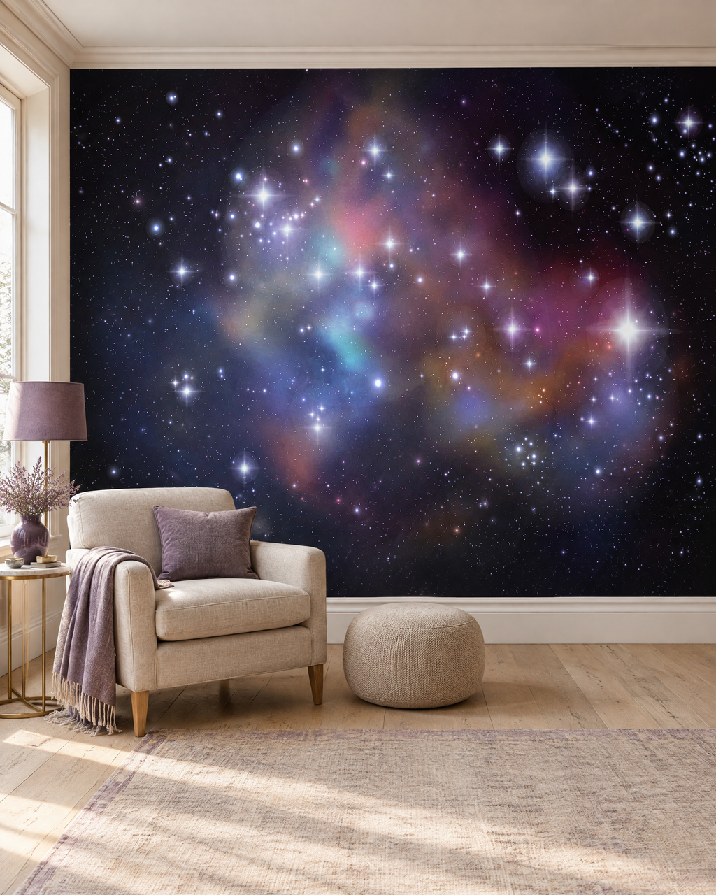 Champ d'étoiles, papier peint panoramique dans un salon : visuel d'ambiance illustratif