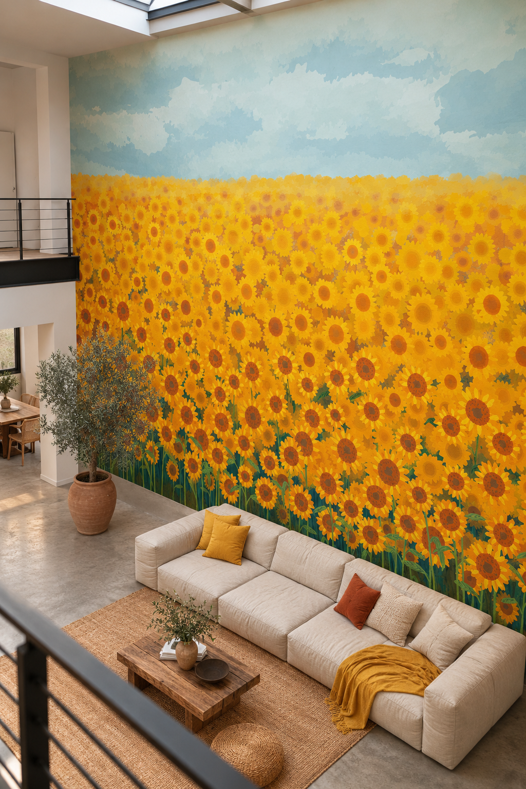 Champ de tournesols, papier peint panoramique dans un salon : visuel d'ambiance illustratif