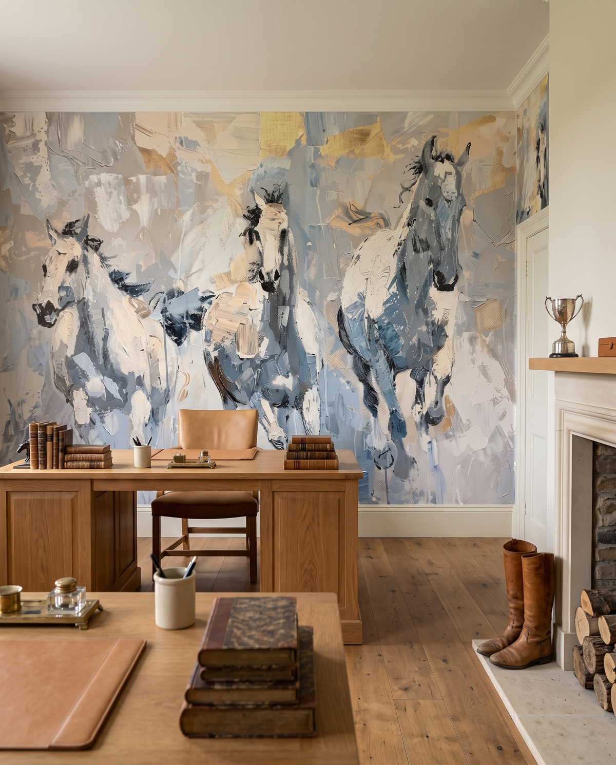 Chevaux au pinceau, papier peint panoramique dans un bureau : visuel d'ambiance illustratif