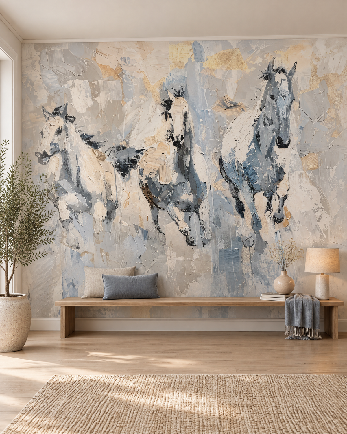 Chevaux au pinceau, papier peint panoramique dans un salon : visuel d'ambiance illustratif