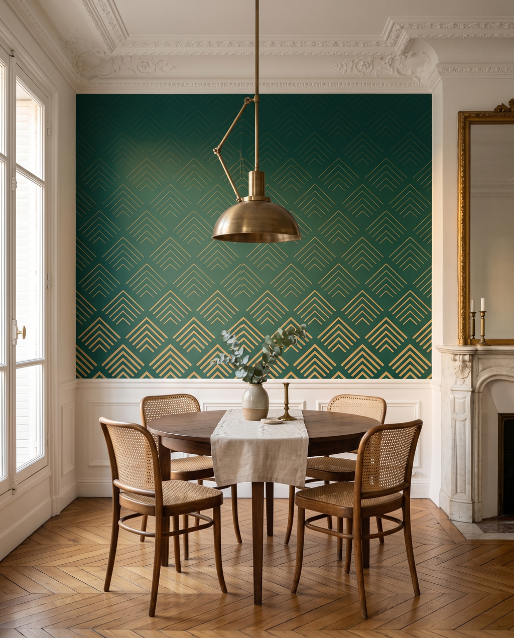 Chevrons or et vert, papier peint panoramique dans une salle à manger : visuel d'ambiance illustratif