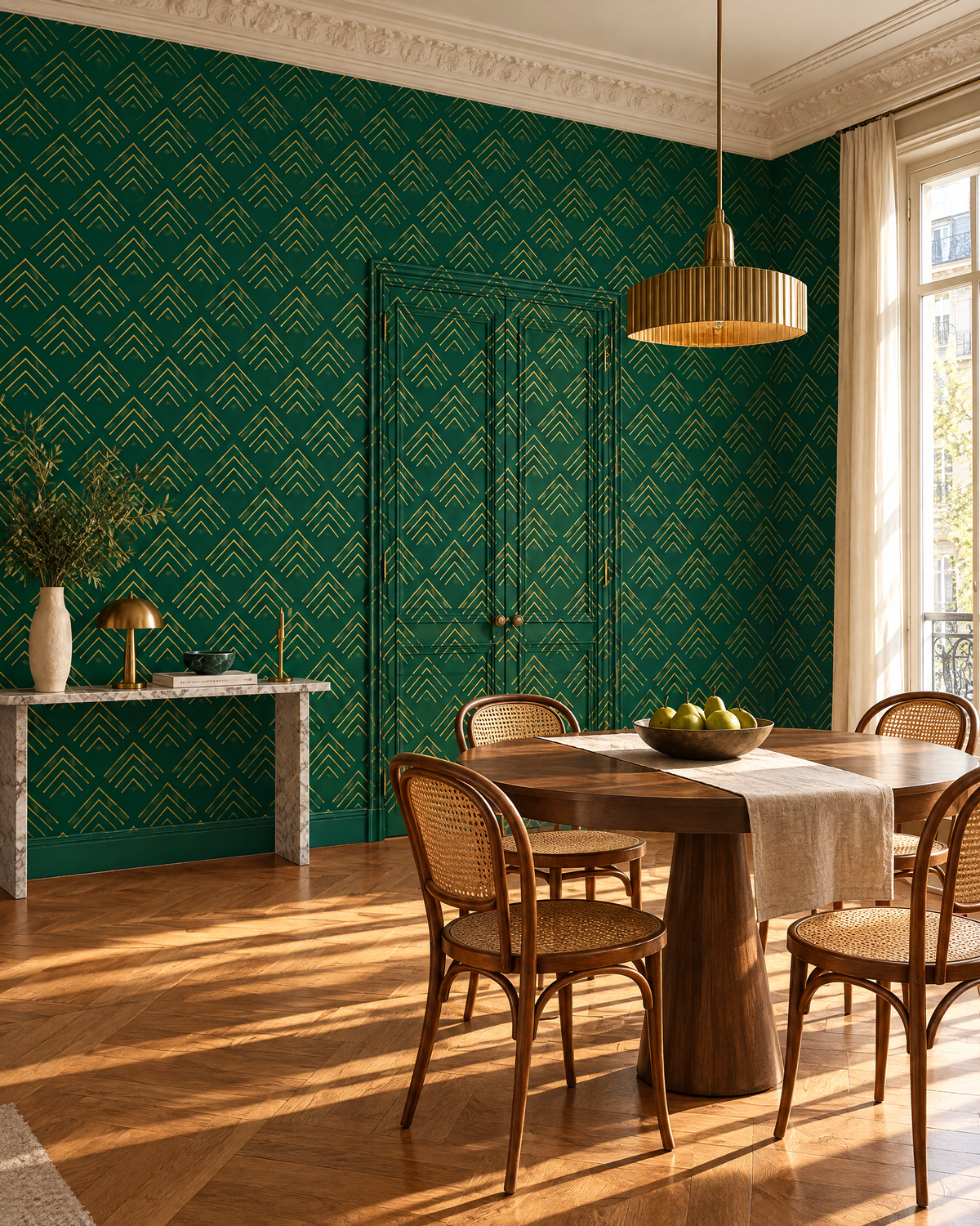 Chevrons or et vert, papier peint panoramique dans une salle à manger : visuel d'ambiance illustratif