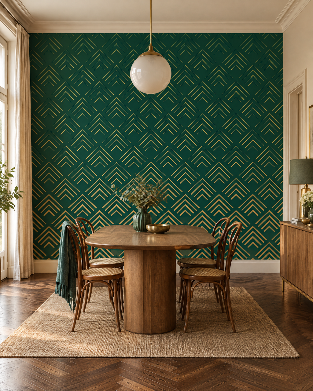 Chevrons or et vert, papier peint panoramique dans une salle à manger : visuel d'ambiance illustratif