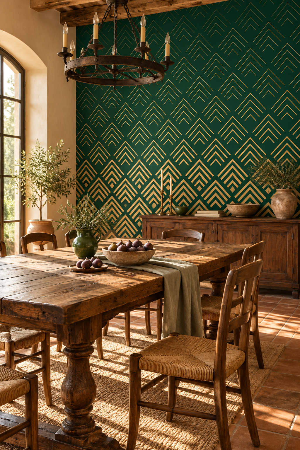 Chevrons or et vert, papier peint panoramique dans une salle à manger : visuel d'ambiance illustratif
