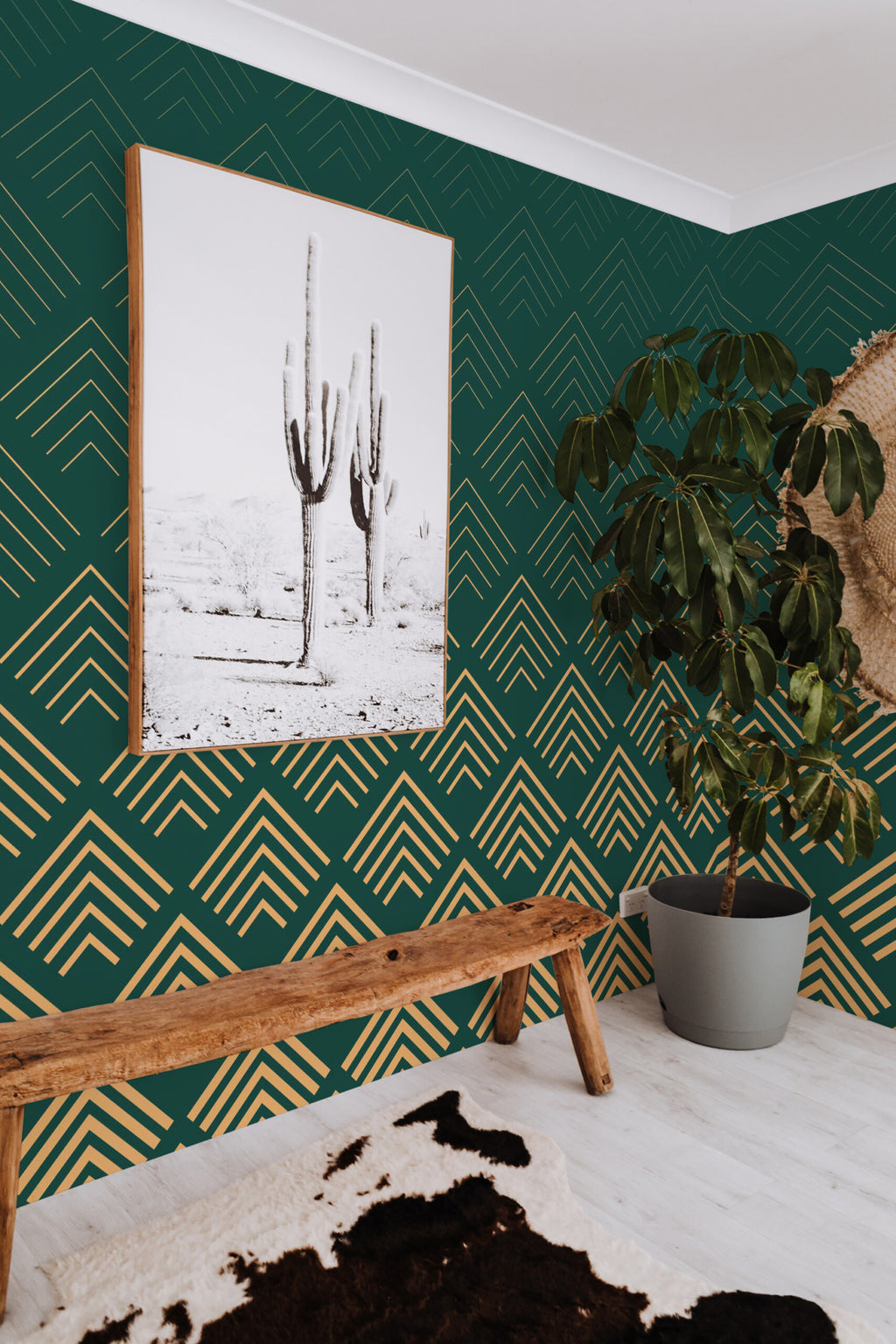 Chevrons or et vert · papier peint panoramique art déco