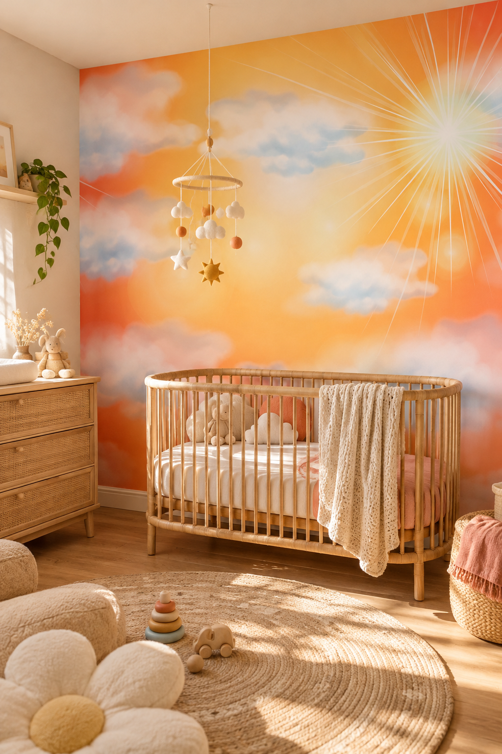 Ciel embrasé, papier peint panoramique dans une chambre d'enfant : visuel d'ambiance illustratif