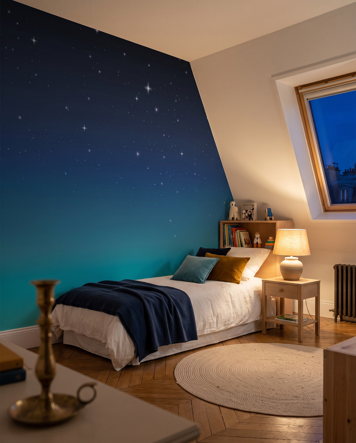 Étoiles sur bleu profond, papier peint panoramique dans une chambre d'enfant : visuel d'ambiance illustratif
