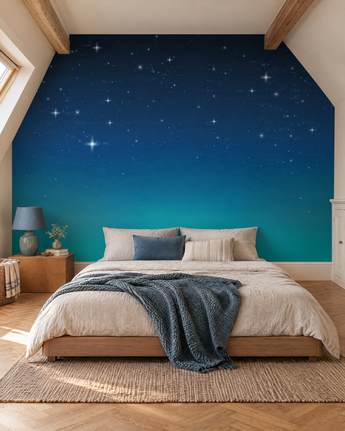 Étoiles sur bleu profond, papier peint panoramique dans une chambre : visuel d'ambiance illustratif