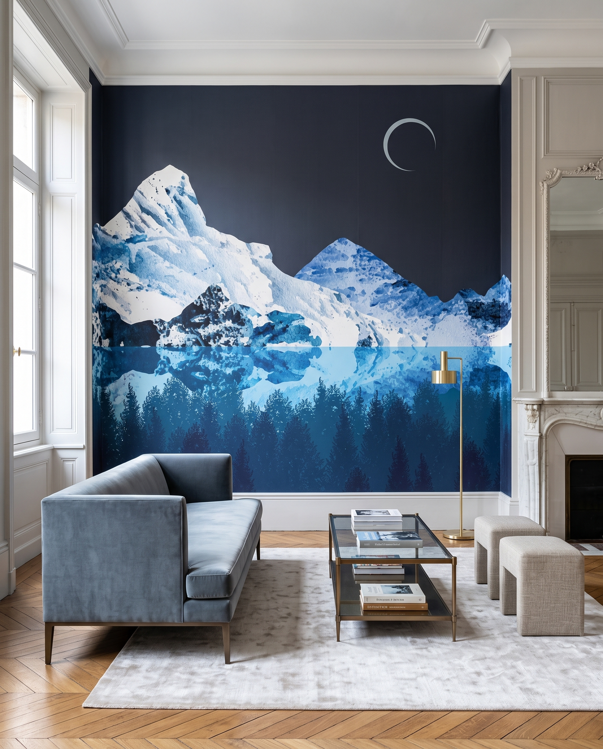 Cimes givrées, papier peint panoramique dans un salon : visuel d'ambiance illustratif