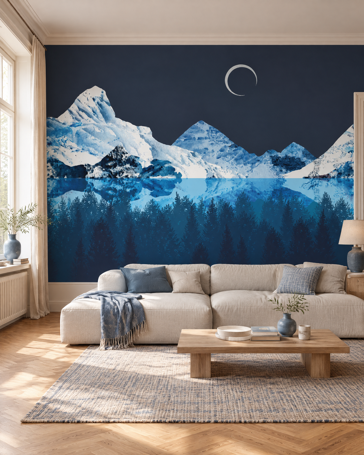 Cimes givrées, papier peint panoramique dans un salon : visuel d'ambiance illustratif