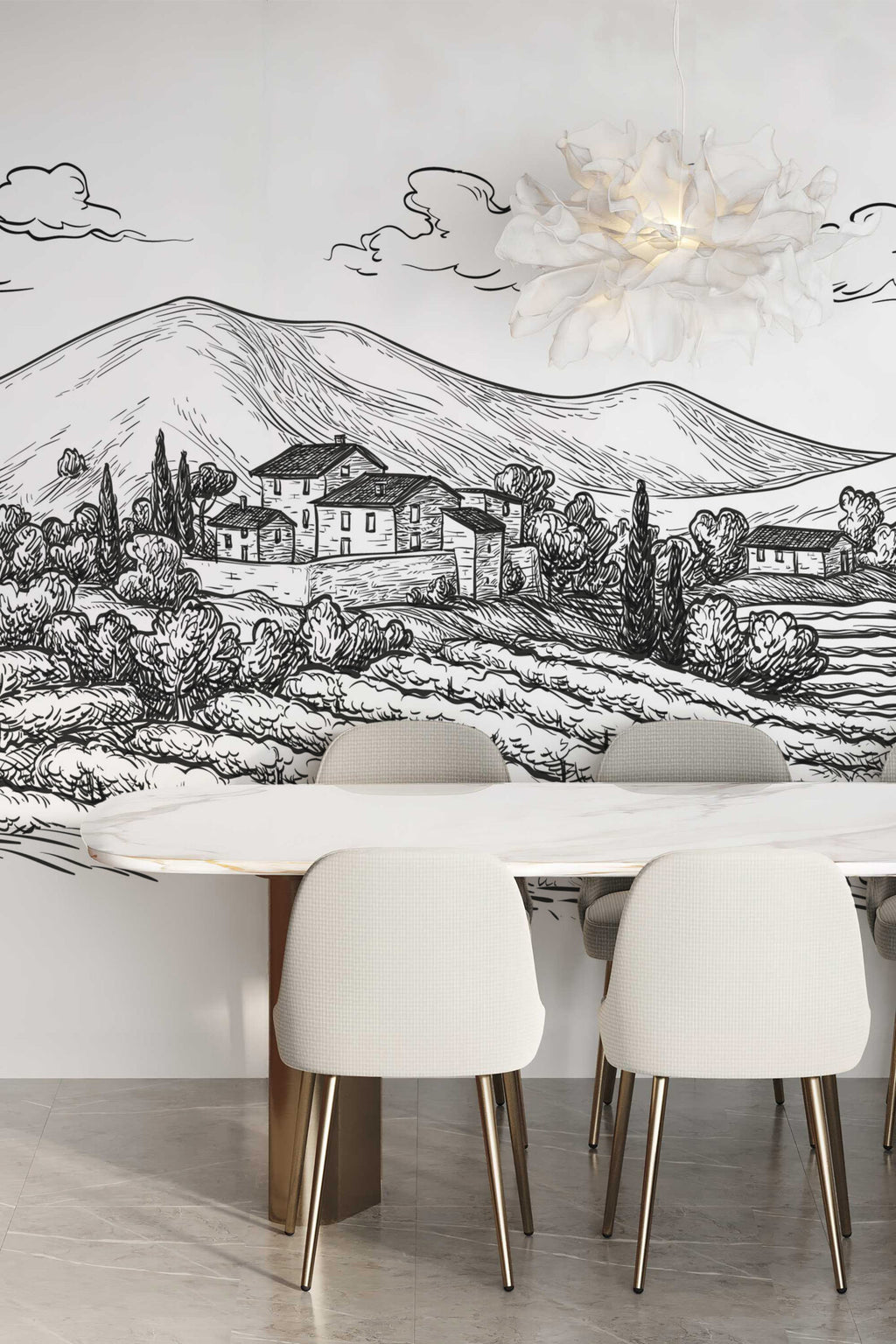 Papier peint panoramique noir et blanc, village de Toscane et vignes gravés