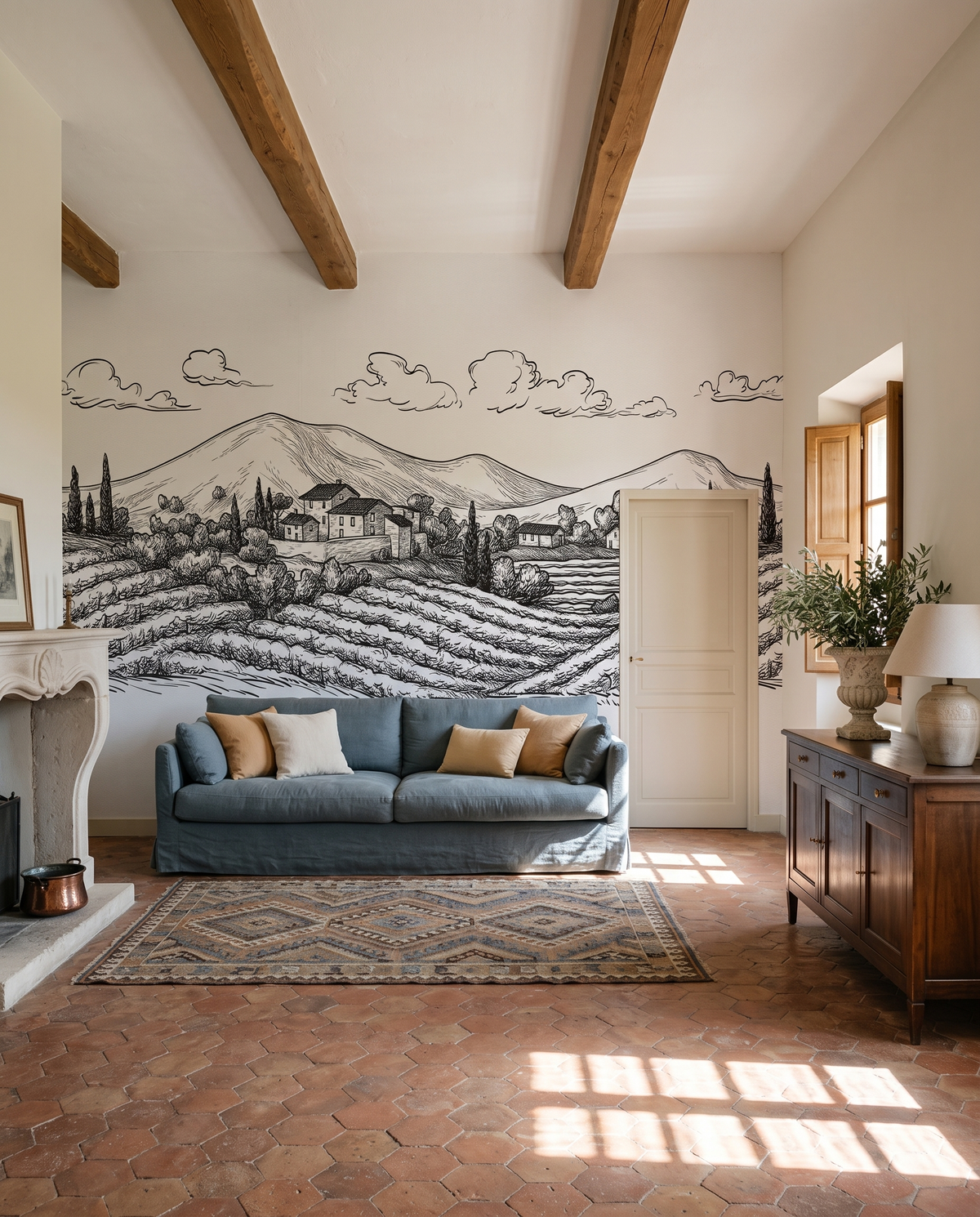 Collines de Toscane, papier peint panoramique dans un salon : visuel d'ambiance illustratif
